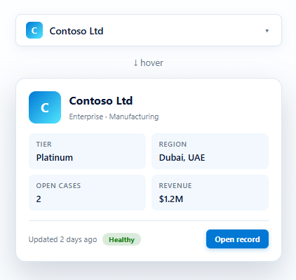 SmartLookup PCF — rich hover preview card for Dataverse lookups